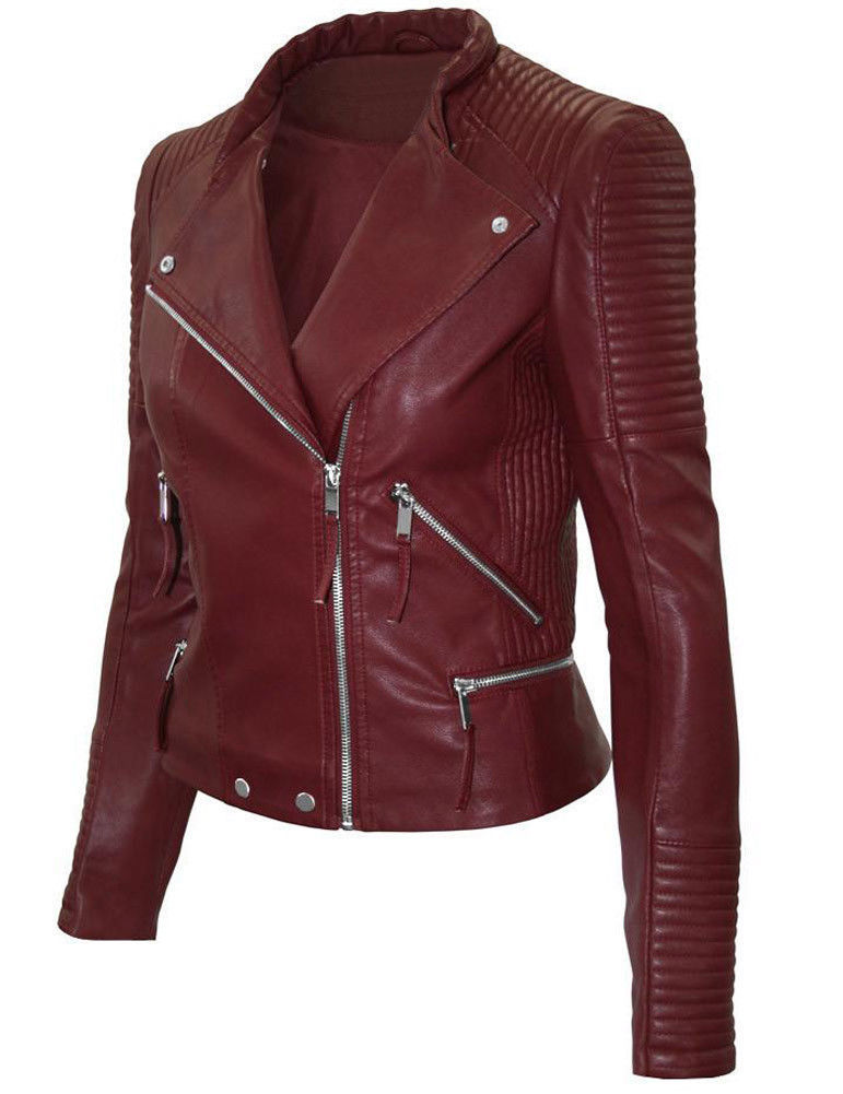 Women Maroon Color Leather Jacket Biker Stylish Zipper Jacket