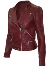 Women Maroon Color Leather Jacket Biker Stylish Zipper Jacket