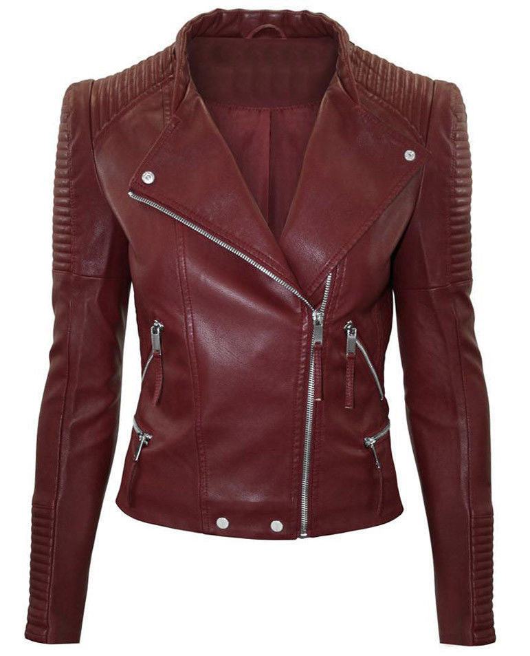 Women Maroon Color Leather Jacket Biker Stylish Zipper Jacket