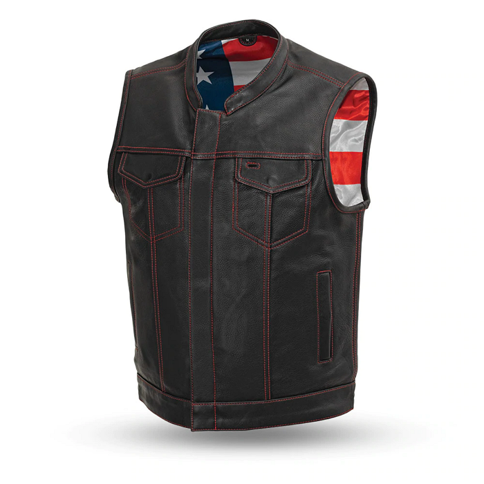 Men's American Flag Leather Motorcycle Vest, Men's Naked Cowhide Motorcycle Vest with Flag Liner