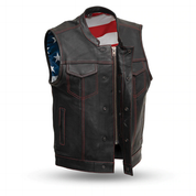 Men's American Flag Leather Motorcycle Vest, Men's Naked Cowhide Motorcycle Vest with Flag Liner - Image 2