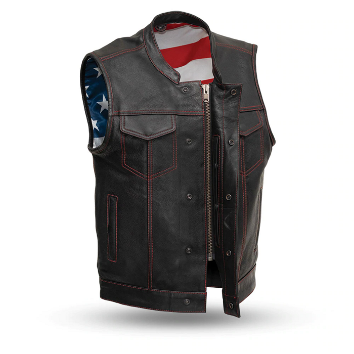 Men's American Flag Leather Motorcycle Vest, Men's Naked Cowhide Motorcycle Vest with Flag Liner - Image 2
