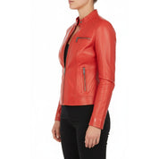 model-side-view - Women's Cafe Racer Leather Jacket, Women's Biker Jacket, Leather Moto Jacket, Women's Racer Style Jacket