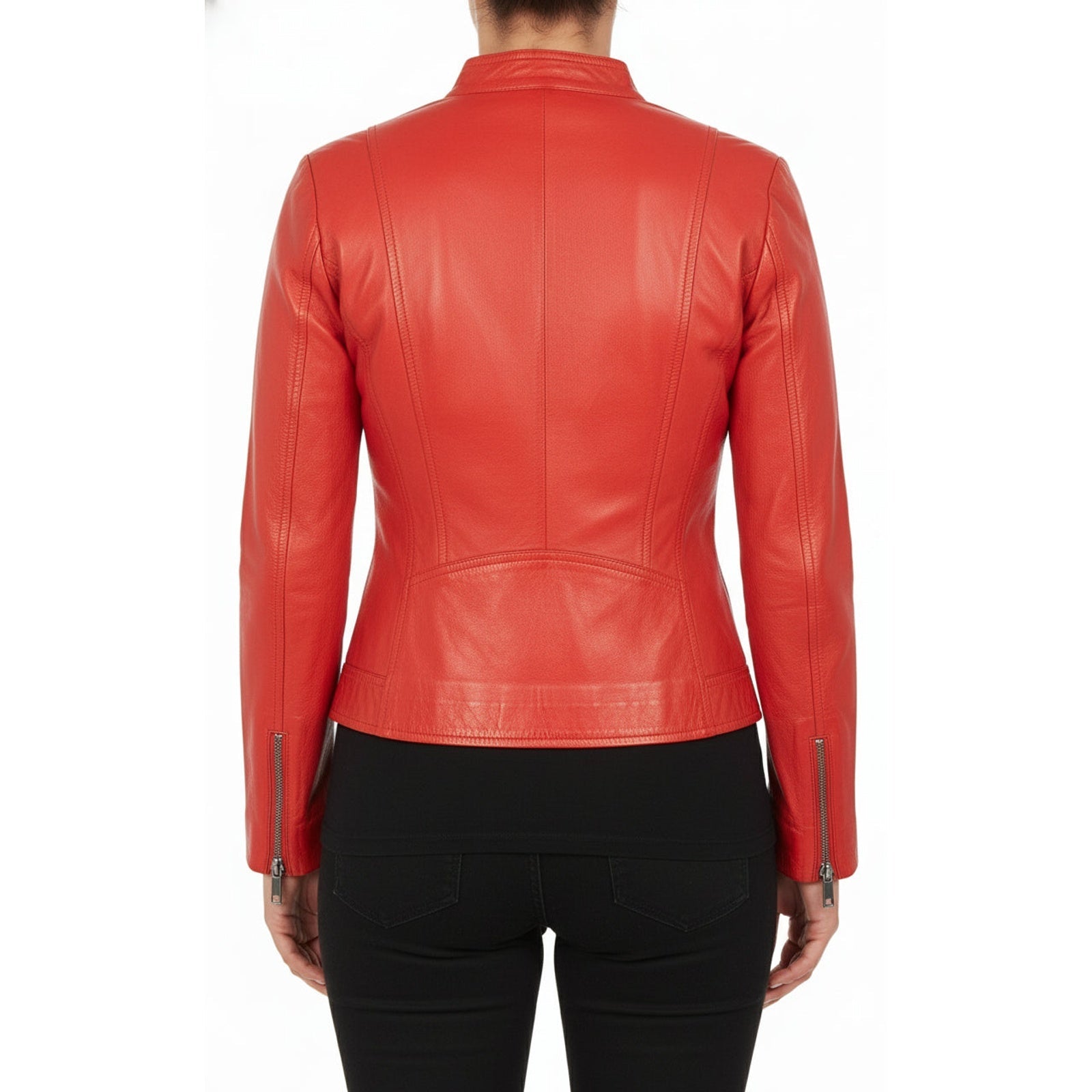 model-back-details - Women's Cafe Racer Leather Jacket, Women's Biker Jacket, Leather Moto Jacket, Women's Racer Style Jacket
