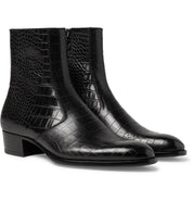 Punk Men Black Alligatirs Zip Boots, Men Black Crocodile Ankle Boot