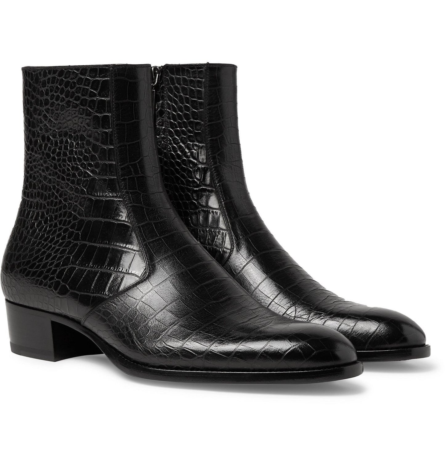 Punk Men Black Alligatirs Zip Boots, Men Black Crocodile Ankle Boot