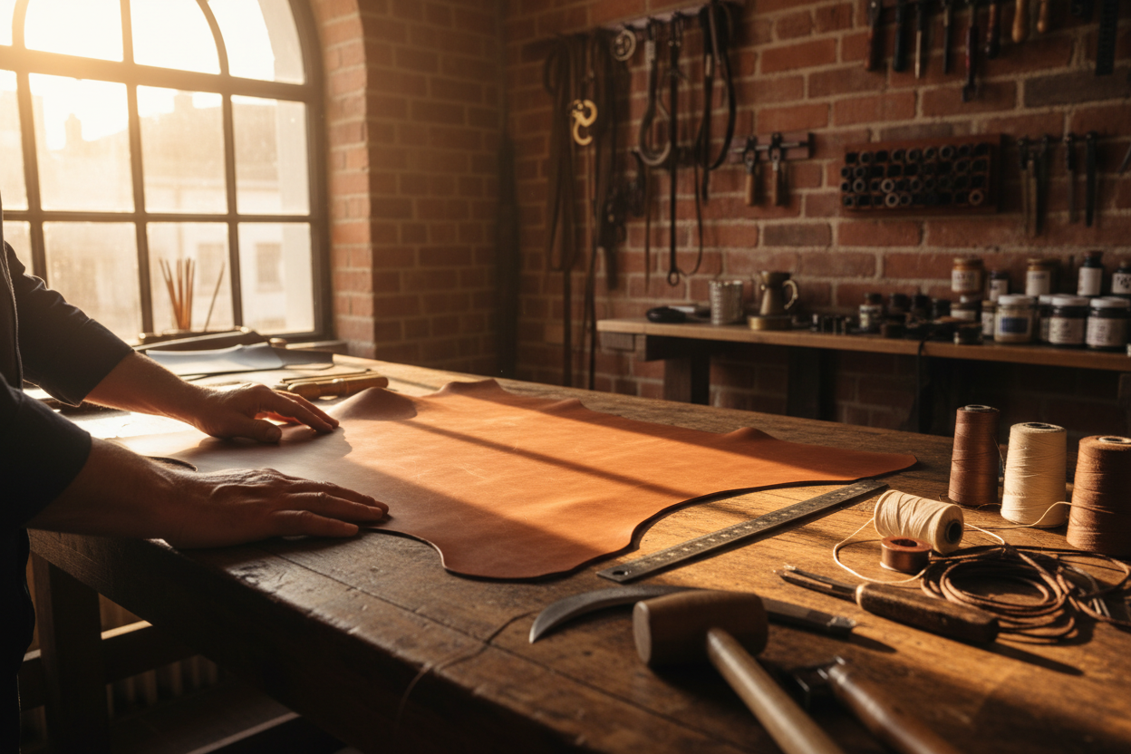 show rustic image of someone looking at leather on top of a table.. in aworkshop