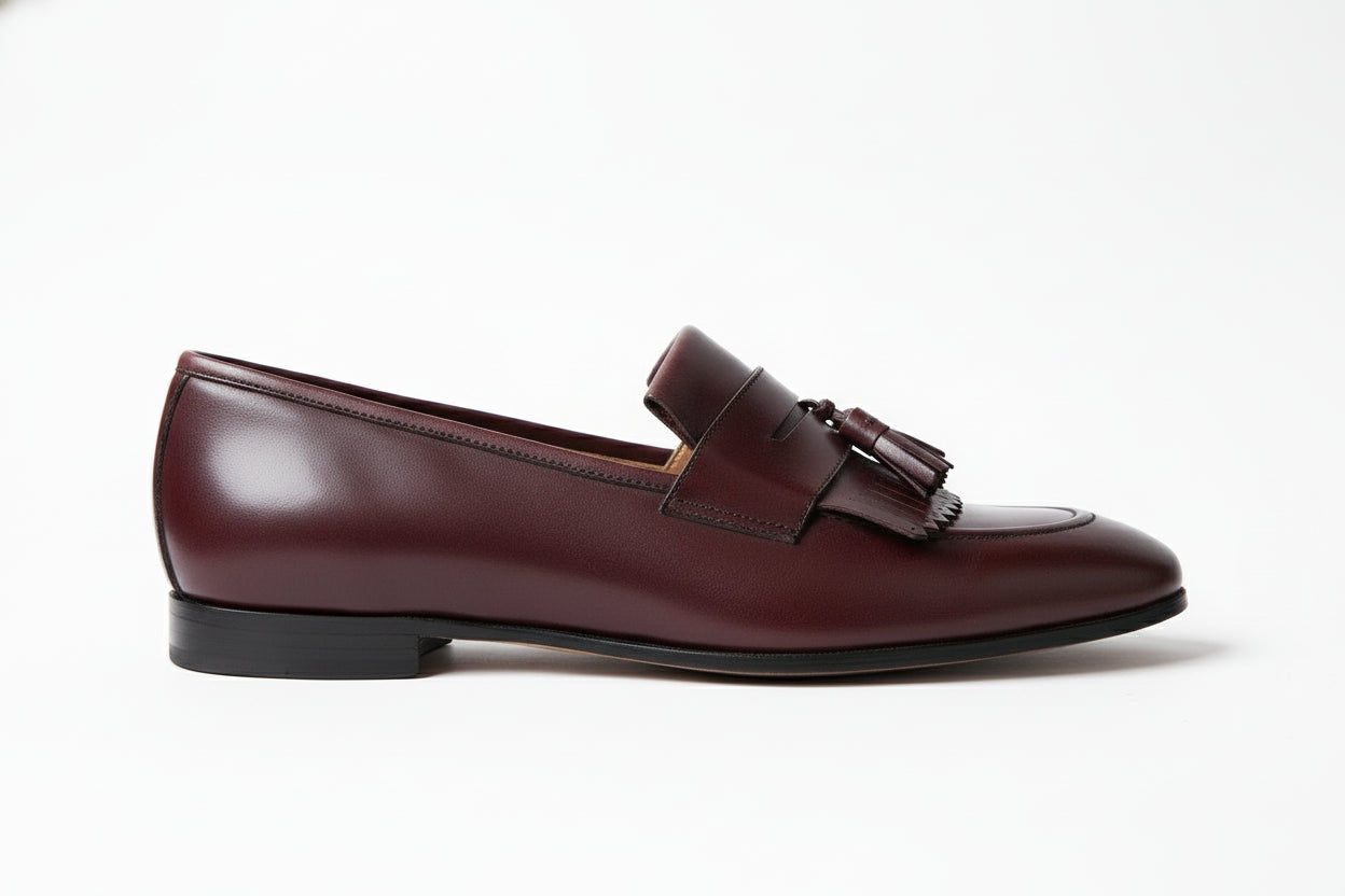 side-view - Handmade Men Elegant Brown Fringe Shoes, Leather Penny Loafer Shoes for