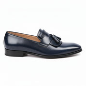 Blue Leather Moccasin Loafers with Fringes - side-view