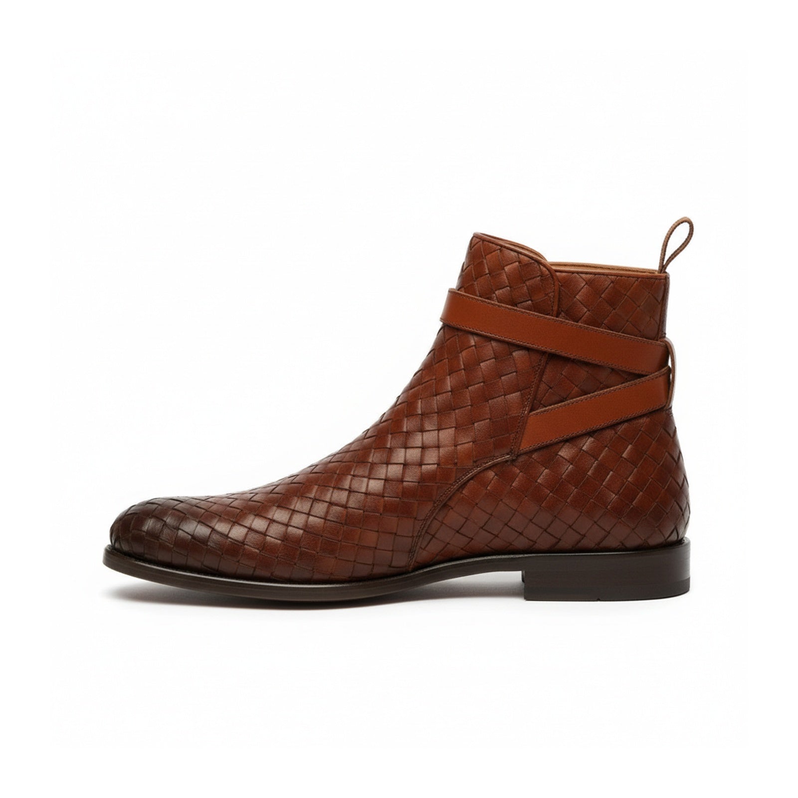 side-view - Brown Leather Ankle Boots with Chitai Mat Pattern