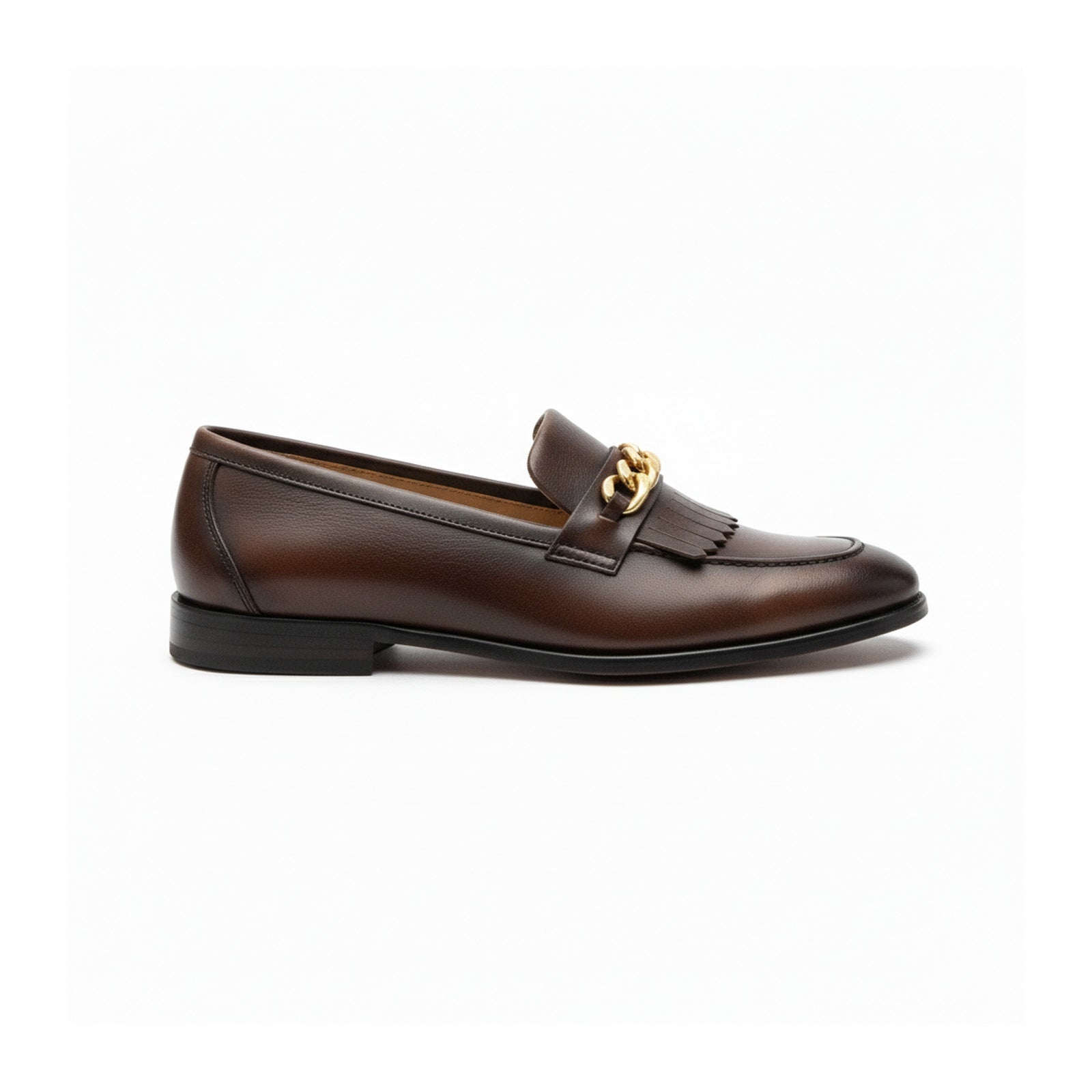 side-view - Dark Brown Leather Moccasin Loafers with Fringe