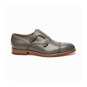 side-view - Gray Leather Oxford Double Monk Strap Shoes with Brogue Toe Cap