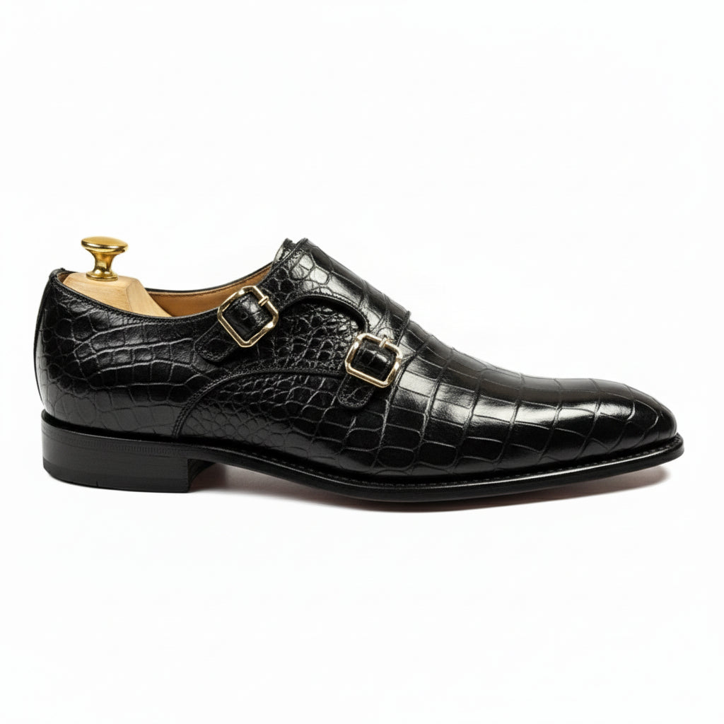 Men's Black Crocodile Leather Double Monk Dress Shoes - side-view