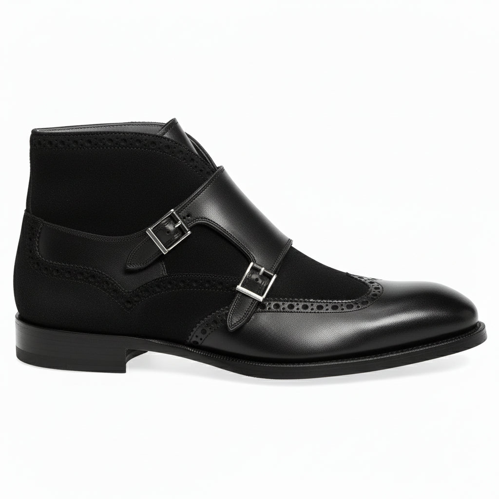 Men's Black Leather Monk Strap Chukka Boots - side-view