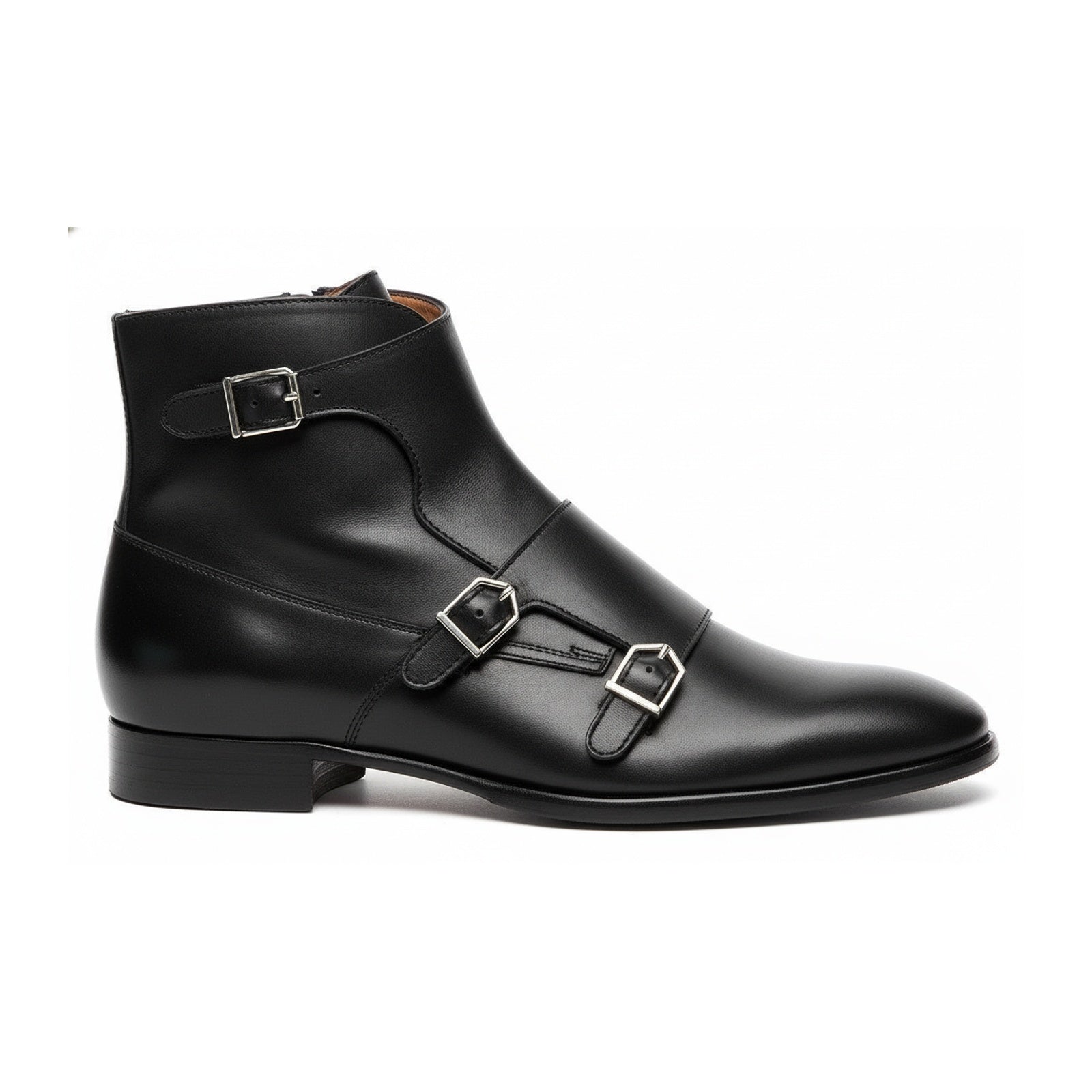 Men's Handmade Black Leather Double Monk Ankle Boots with Side Zipper - side-view
