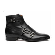 Men's Handmade Black Leather Double Monk Ankle Boots with Side Zipper - side-view