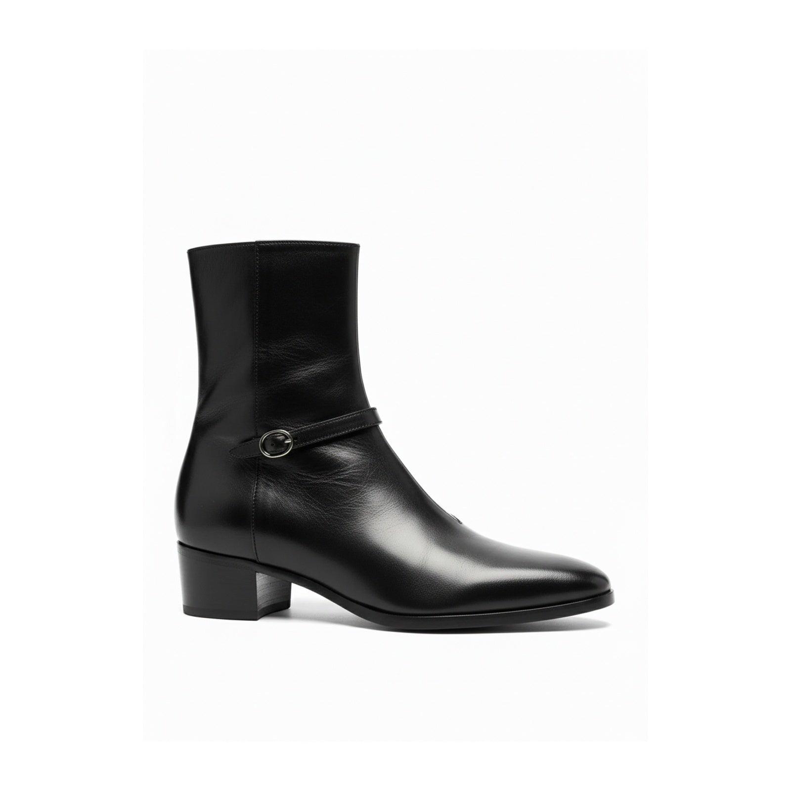 Men's Black Leather High-Heel Zipper Boots - side-view