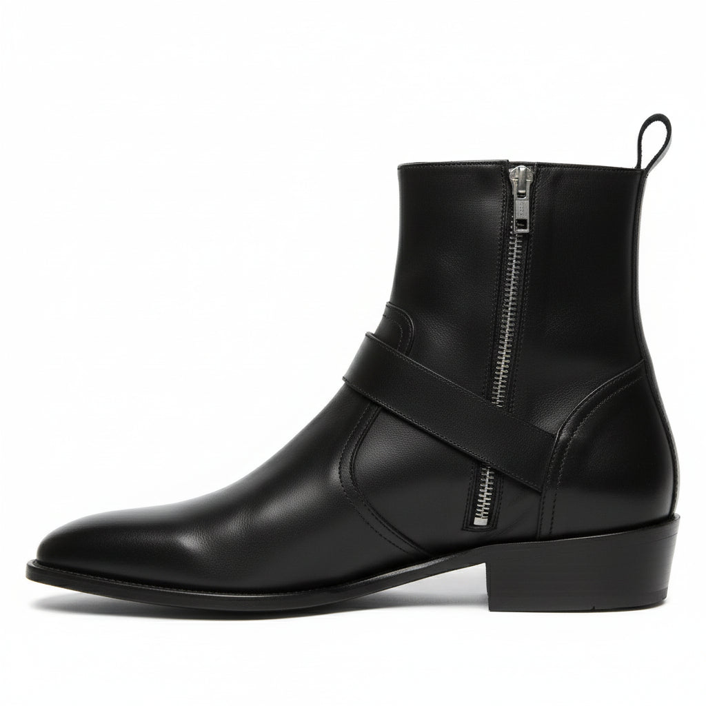 Men's Handmade Black Leather Boots with Side Zipper & Monk Strap - side-view