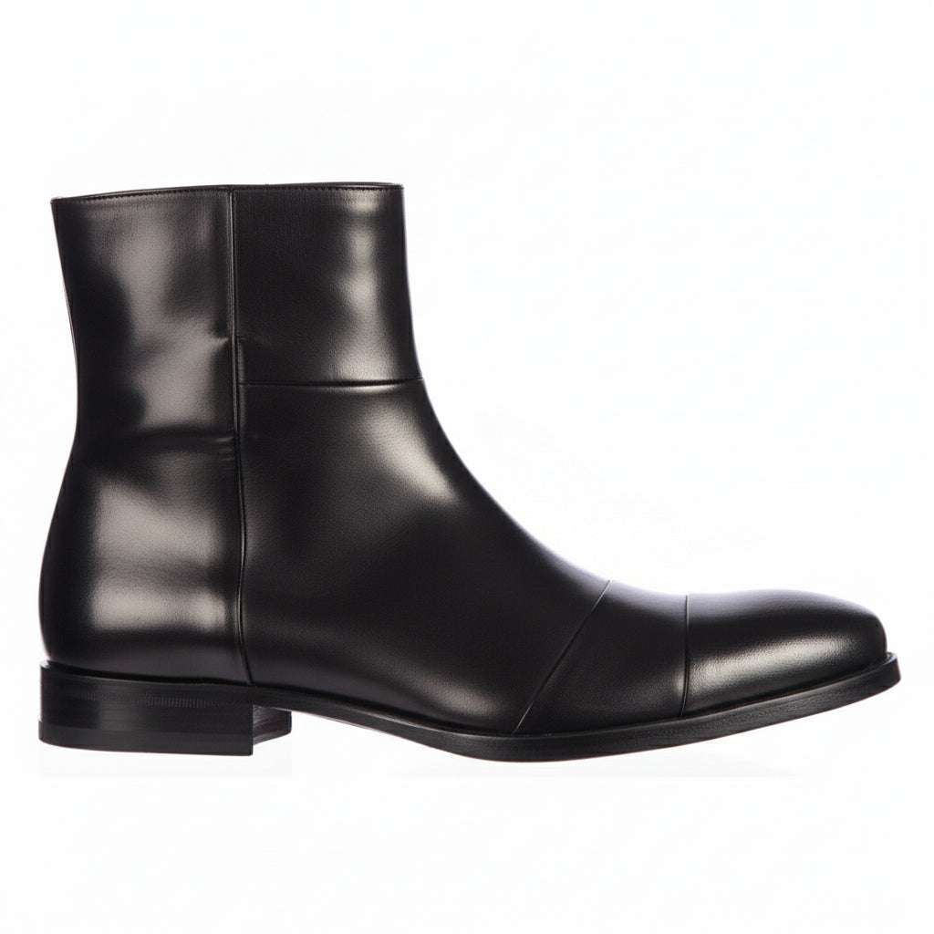 Men's Handmade Black Leather Side Zipper Boots with Ankle Design - side-view