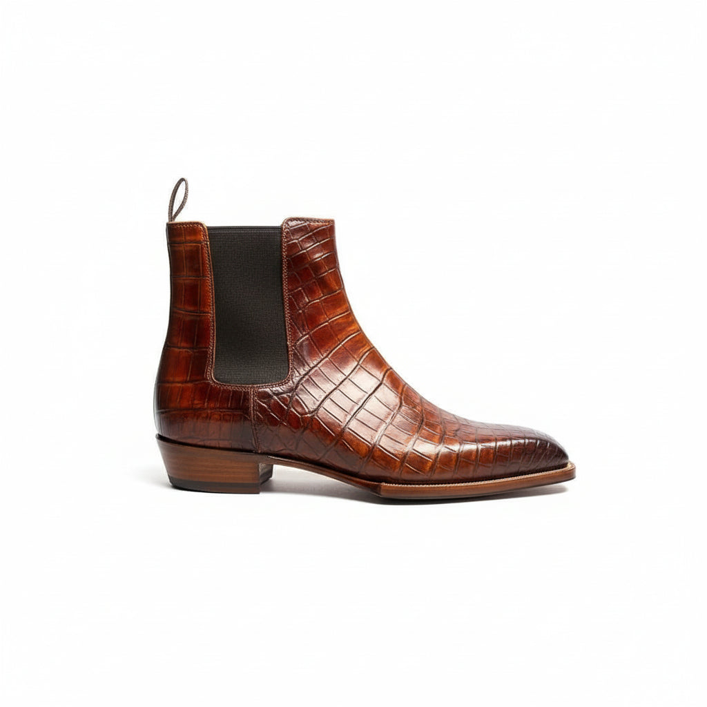 Men's Brown Chelsea Boots in Calf Leather with Crocodile Pattern - side-view