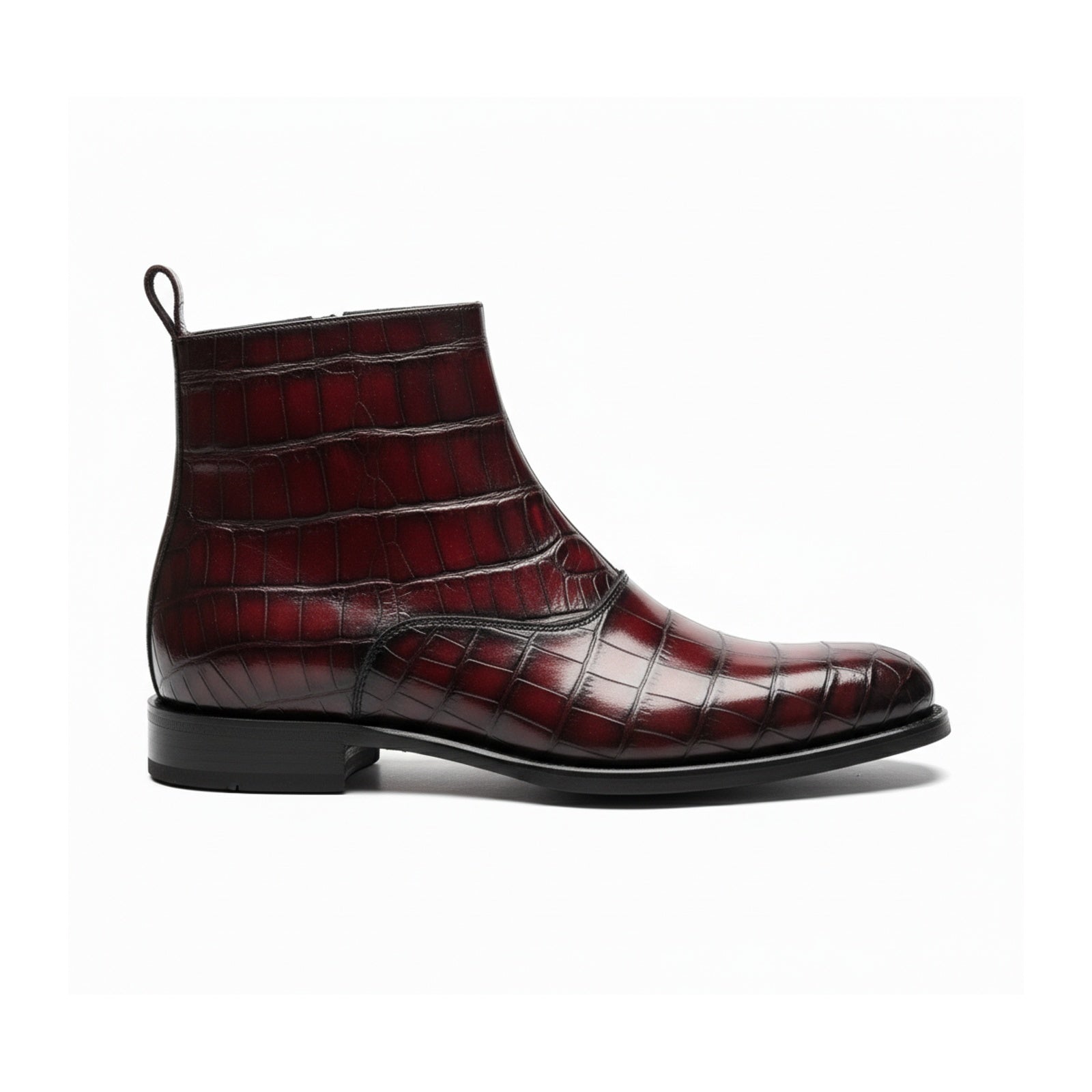 Men's Burgundy Crocodile Leather Zipper Boots - side-view