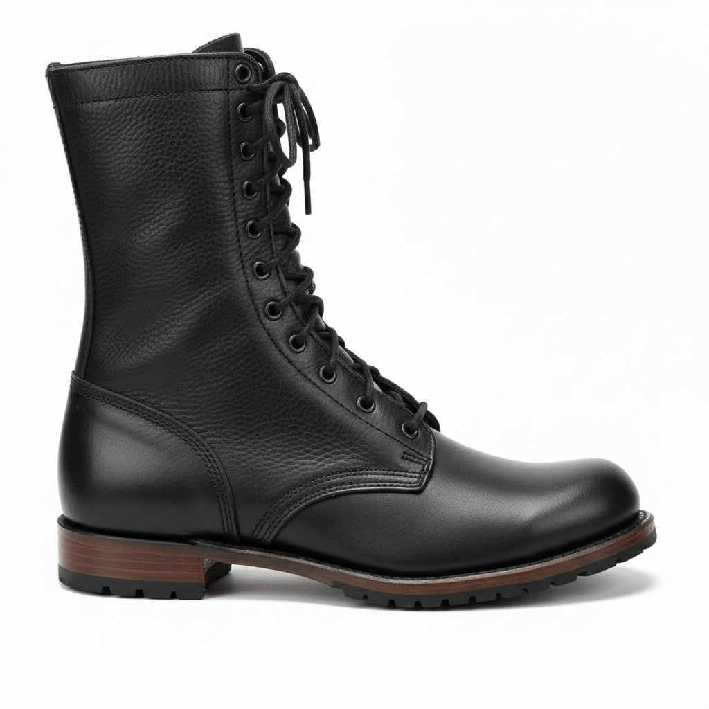 Men's Black Punk Combat Leather Boots - side-view