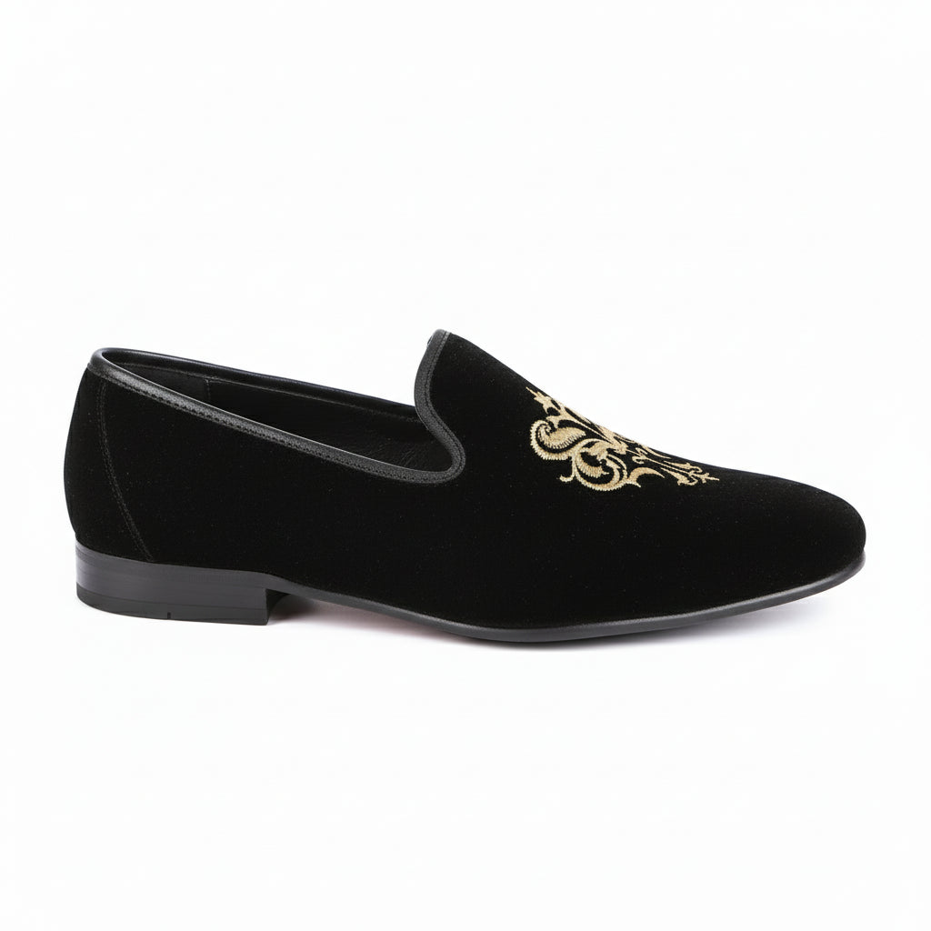Men's Black Velvet Embroidered Loafers with Leather Sole - side-view