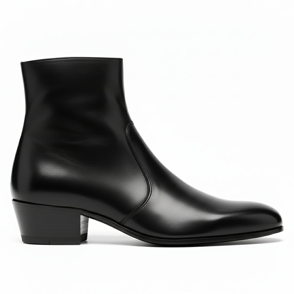 Men's Black Leather High Heel Dress Boots - side-view