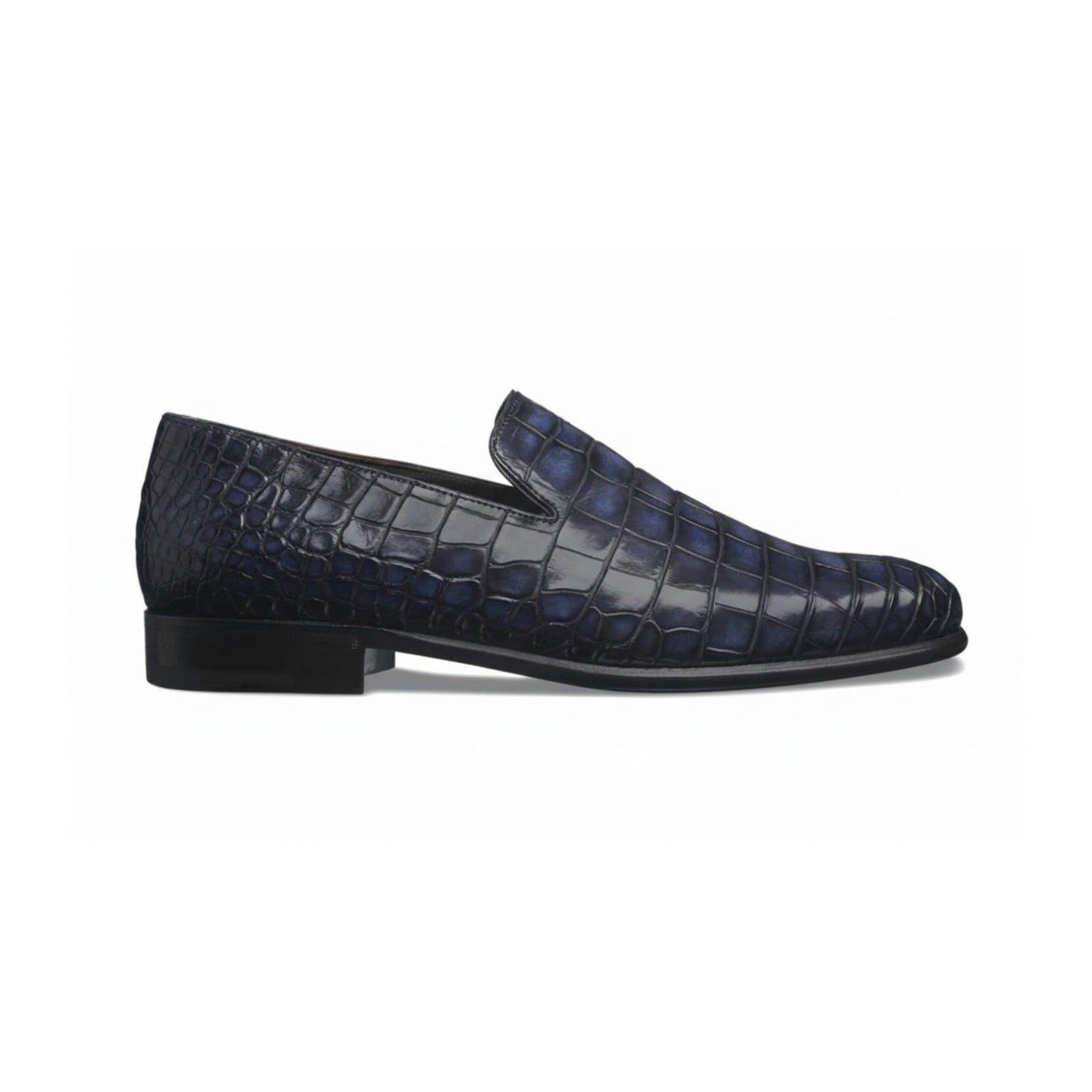 Handmade Mens Blue Alligators Shoes, Men Blue Crocodile Penny Loafer - side-view