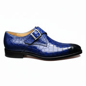 Handmade Mens Blue Crocodile Embossed Monk Shoes, Men Blue Dress Shoes - side-view