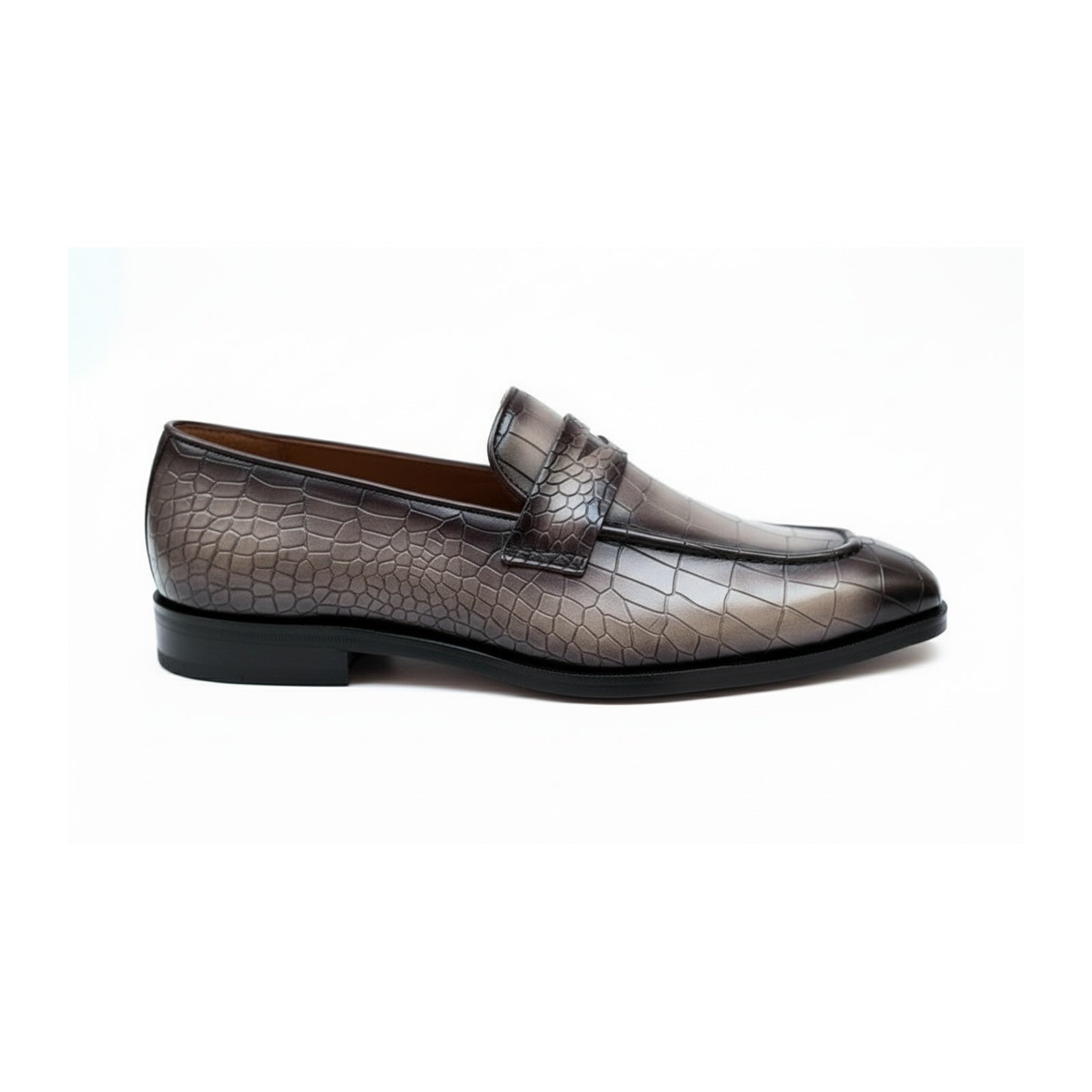 Men's Gray Crocodile Leather Moccasin Dress Shoes - side-view