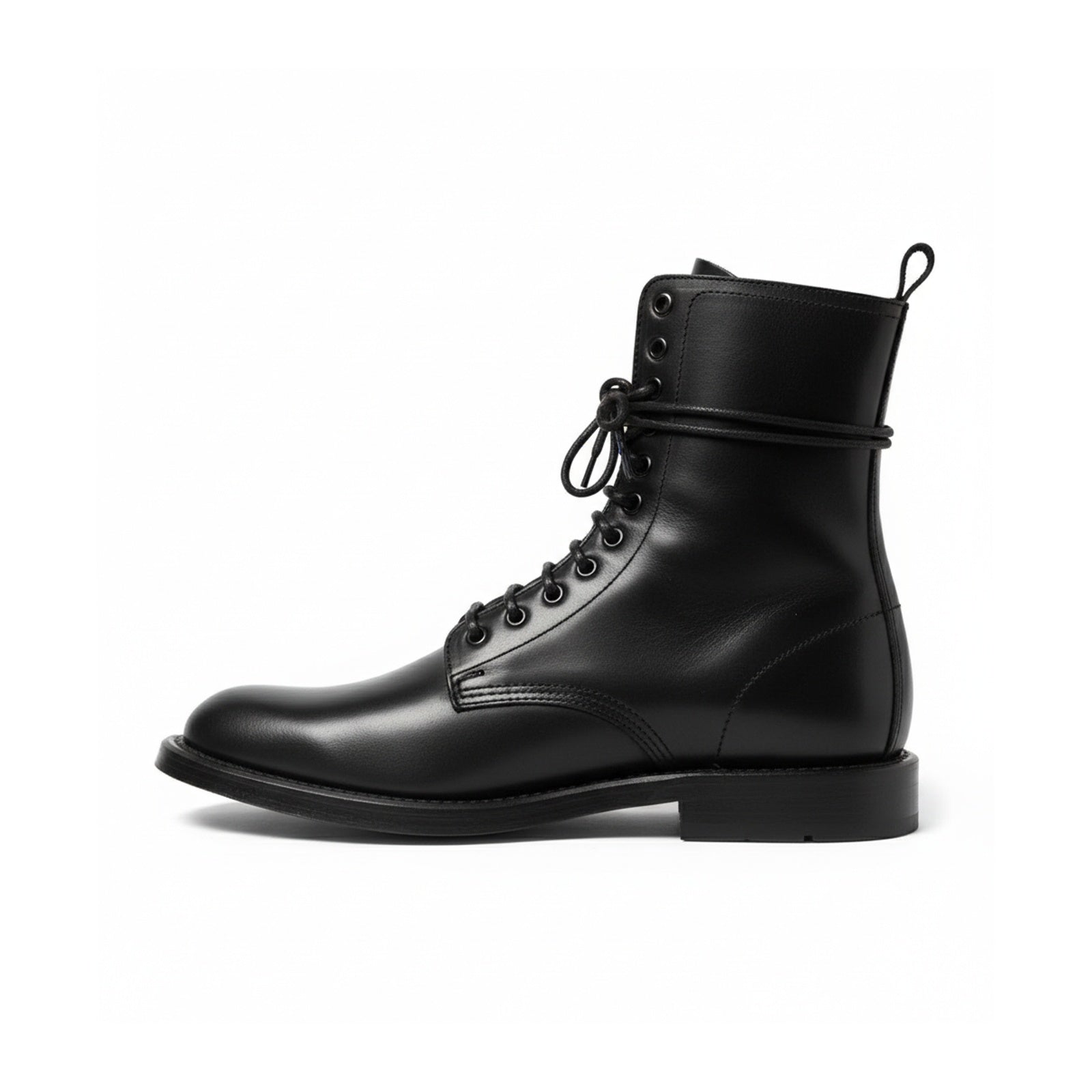 Men's Black Genuine Leather Lace-Up Combat Boots - side