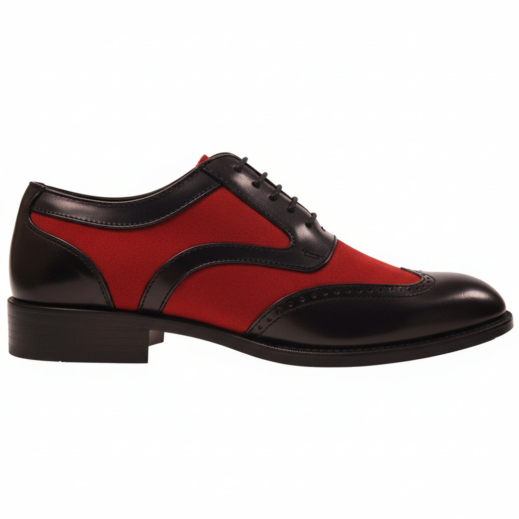 Handmade Mens Oxford Wing Tip Suede and Calf Leather Black and Red - side-view