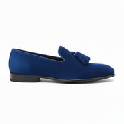 Handmade Mens Royal Blue Tassels Loafer Velvet Shoes, Men Blue Velvet Shoes - side-view
