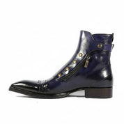 High Ankle Leather Boots with Blue Side Zipper - side-view