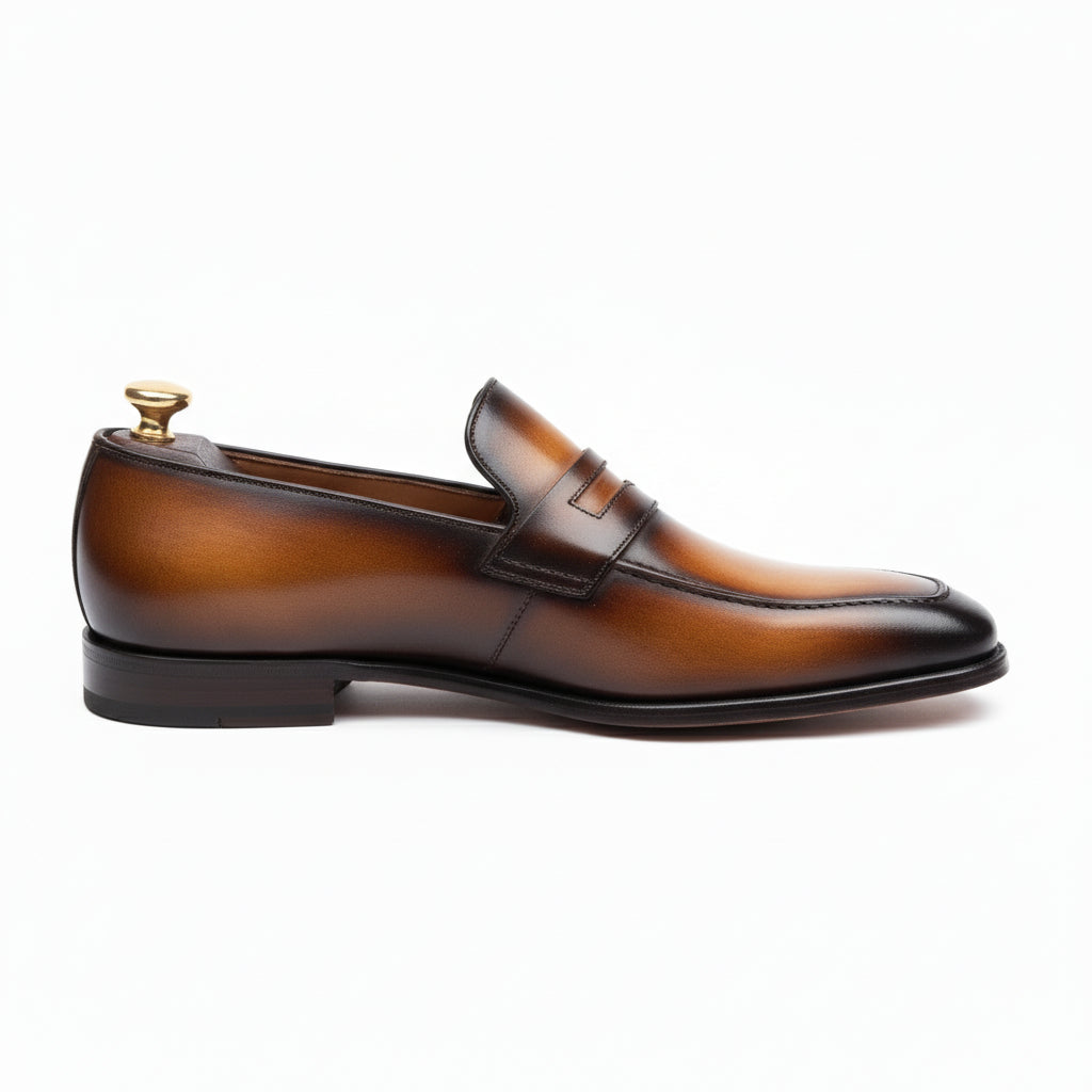 Men's Almond Toe Moccasin Dress Shoes in Tan and Black Leather - side-view