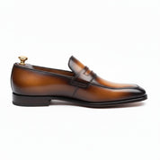 Men's Almond Toe Moccasin Dress Shoes in Tan and Black Leather - side-view