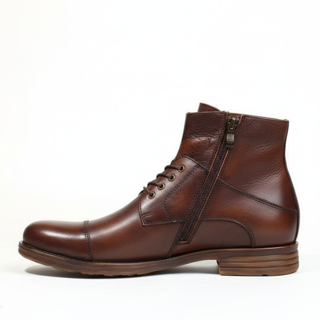 Men's Antique Brown Leather Ankle Boots with Side Zipper - side-view