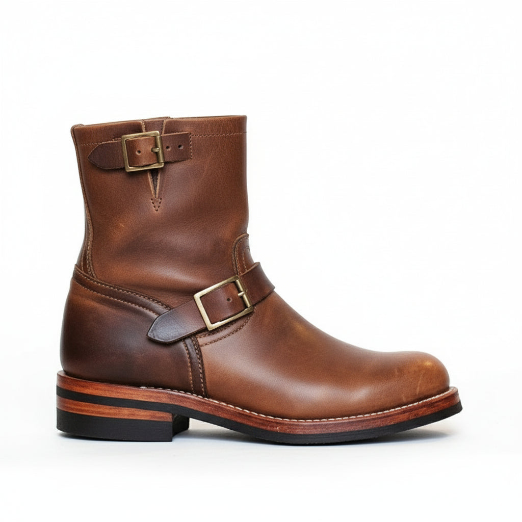Men's Antique Brown Leather Motorcycle Boots - side-view