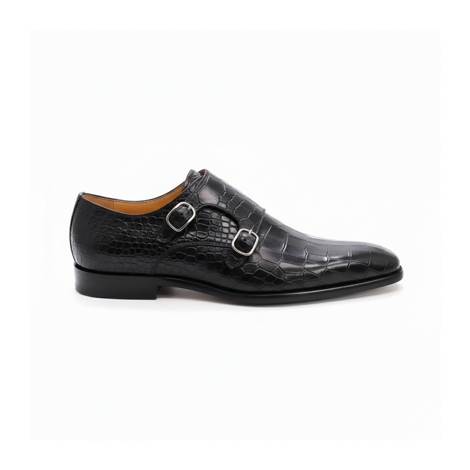 side-view - Men's Black Alligator Texture Monk Shoes with Buckle