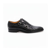 side-view - Men's Black Alligator Texture Monk Shoes with Buckle