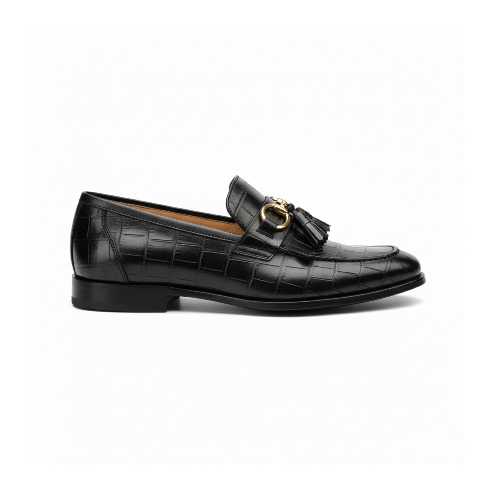 side-view - Men's Black Crocodile Leather Fringe Moccasins