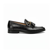 side-view - Men's Black Crocodile Leather Fringe Moccasins
