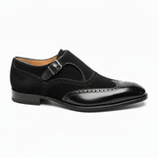 Men's Black Double-Buckle Monk Strap Leather and Suede Shoes - side-view
