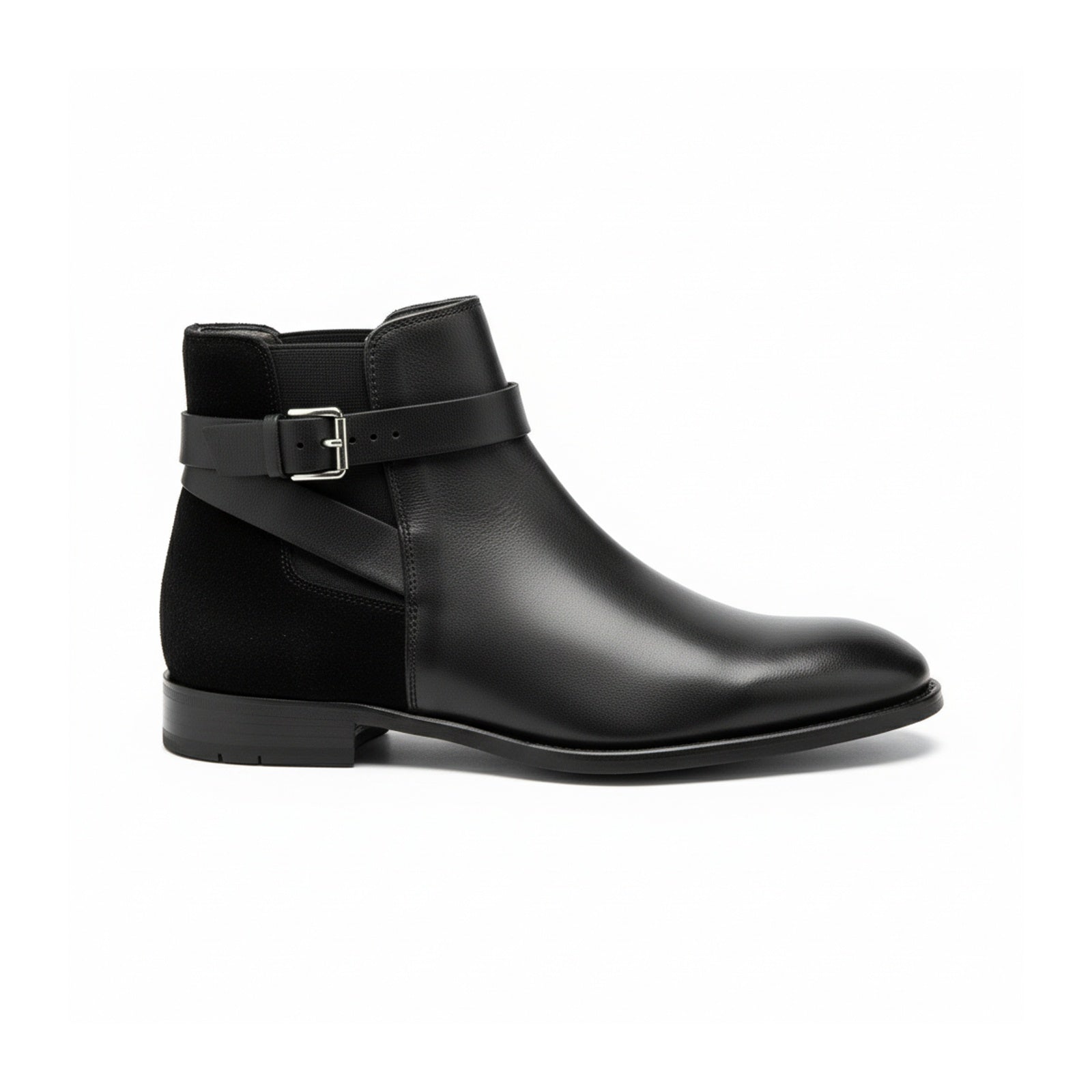 side-view - Men's Black Leather Ankle Boots with Monk Closure