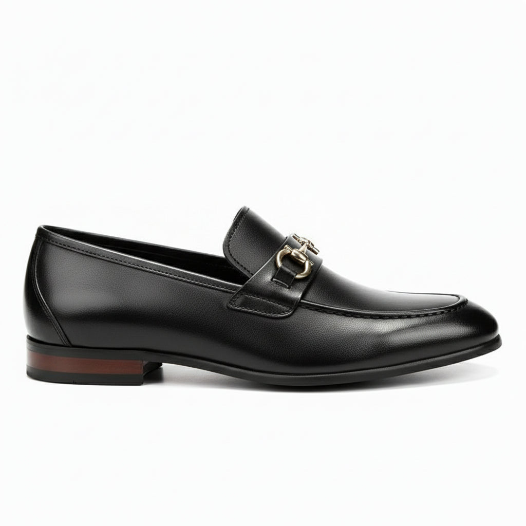 side-view - Men's Black Leather Buckle Loafers