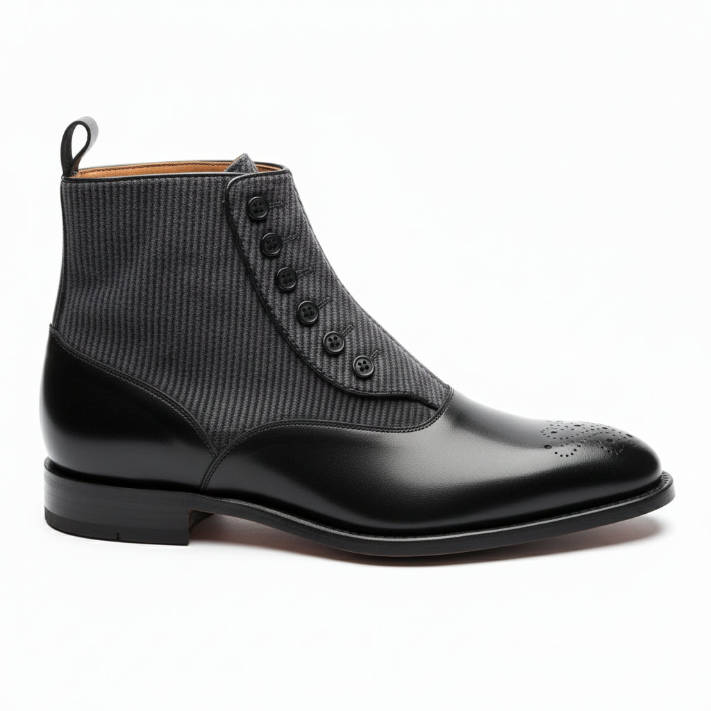 side-view - Men's Black Leather Button Boots with Two-Toned Design