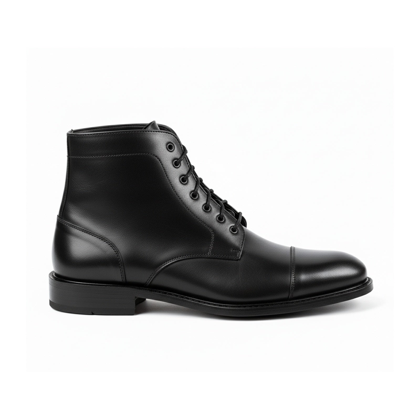 side-view - Men's Black Leather Cap Toe Ankle Boots