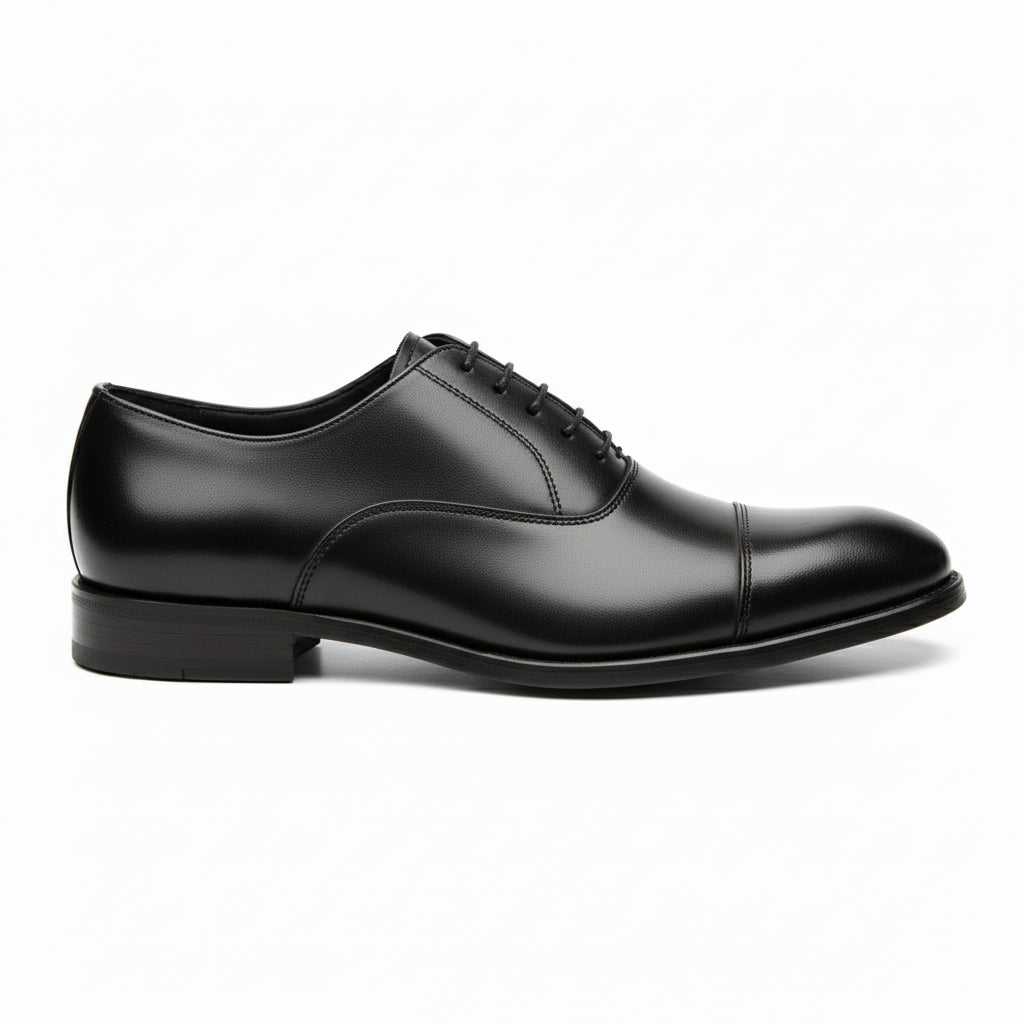 side-view - Men's Black Leather Cap-Toe Derby Shoes