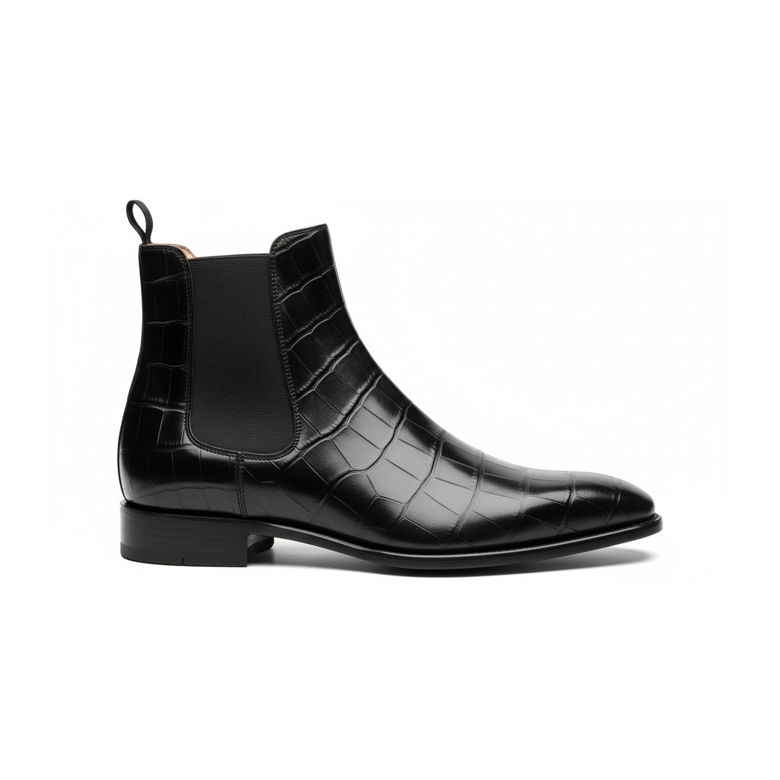 side-view - Men's Black Leather Chelsea Boots with Crocodile Print